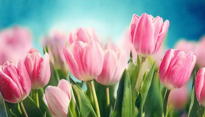 Fototapeta premium Fresh Spring Pink Tulips With Blur Blue Background