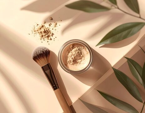 Loose powder makeup and brush arranged with leaves and dappled light