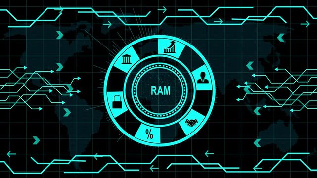 Digital RAM Concept With gears Network And Business Icons On Dark Blue Background memory computer