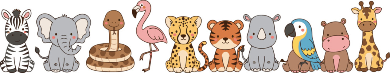 Cute Baby Safari Animals Row with Zebra, Elephant, Tiger, Giraffe, and Flamingo Cartoon Illustration for Nursery Design, Kids Education, and Wildlife Themes © Sanjida