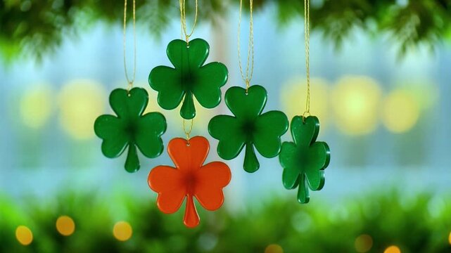 Green shamrock ornaments hang in front of a softly blurred background with bokeh lights, evoking a festive St. Patrick's Day theme.