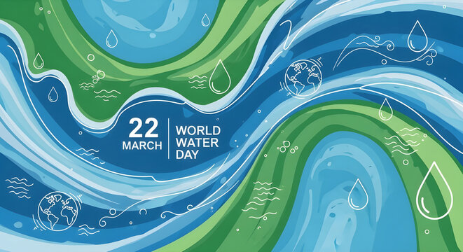 World water day march 22th abstract background with waves, water drops, and earth outlines in blue and green colors for environmental concept and conservation