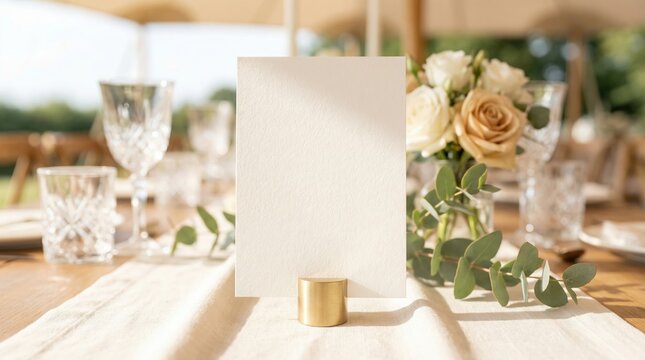 Blank paper card on a brass holder at a sunlit reception table with roses eucalyptus greenery and crystal glassware, representing wedding stationery, event planning and elegant table design