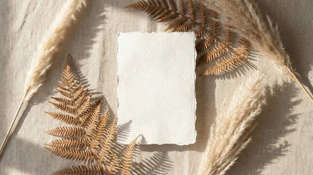 Handmade textured paper sheet with rough deckled edges centered on a linen fabric flatlay surrounded by dried fern leaves and pampas grass representing stationery design, wedding invitation and