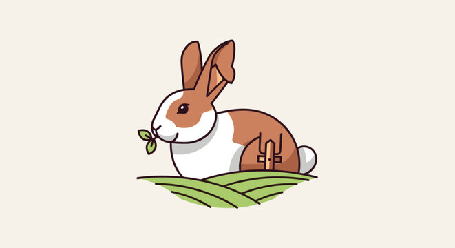 Cartoon Rabbit Eating Leaf on Grass.
