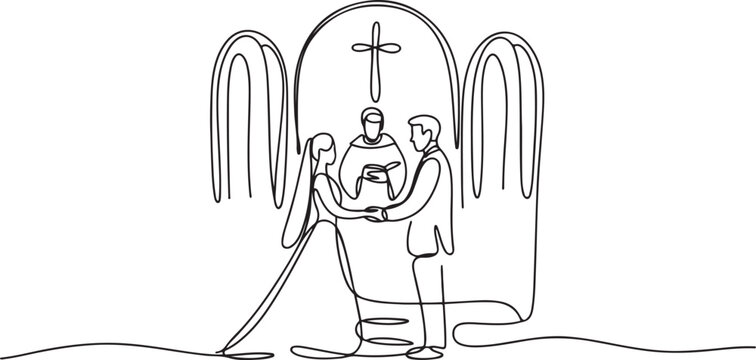 a wedding in christian religion.one line drawing of a priest marrying a bride and groom in a church.one line vector illustration with out Background