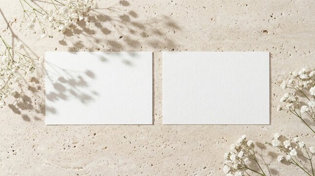 Two blank white textured cards placed side by side on travertine stone with gypsophila flowers and delicate shadows natural stationery mockup minimal flat lay for elegant layouts