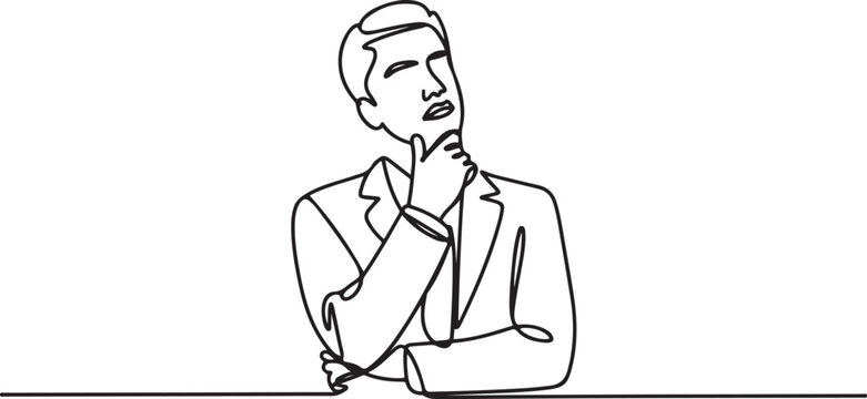 business man thinking strategy.one line drawing of business man looking up.looking for business strategy.one line vector illustration with out Background