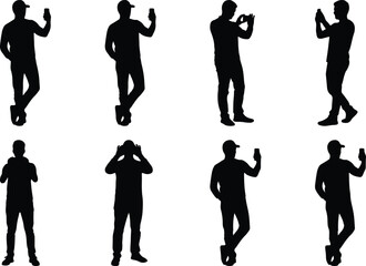 Obraz premium Silhouettes of people in various dynamic smartphone usage poses