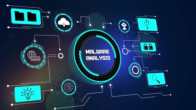 Malware analysis visualization for technical documentaries showing virus detection and digital code inspection for cyber security research