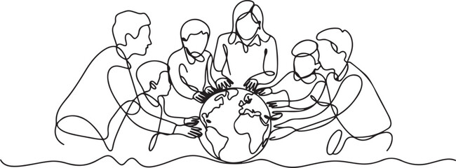 continuous line of teachers and students looking at a globe.one line drawing of geography learning school activities.one line vector illustration with out Background © MstMoushumi