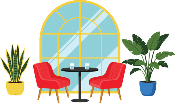 Modern Cafe Interior with Red Chairs, Table, and Indoor Plants Illustration, Cozy Meeting Space Concept for Restaurant and Home Decor Design
