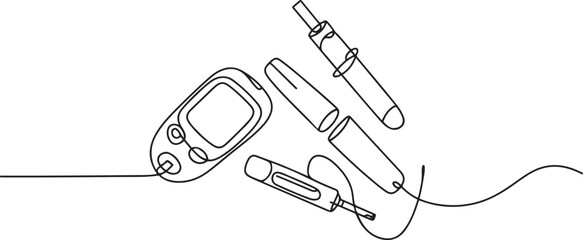Continuous one line drawing of diabetes equipment's. Medical health care concept. Minimalistic art.one line vector illustration with out Background