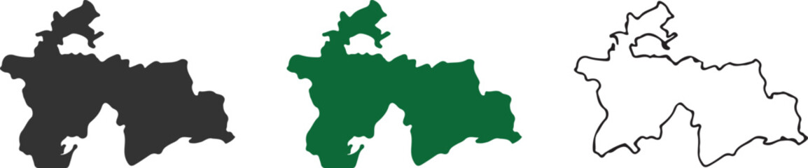Tajikistan Map Vector Set: Black Silhouette, Green Fill, and Minimalist Outline Icons of Tajikistan Geography and Borders