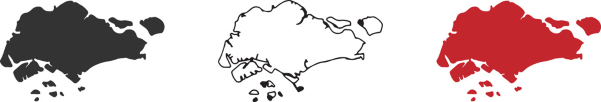 Singapore Map Silhouette Set - High Resolution Vector Outline and Solid Icons in Black and Red for Travel, Geography, and National Day Design