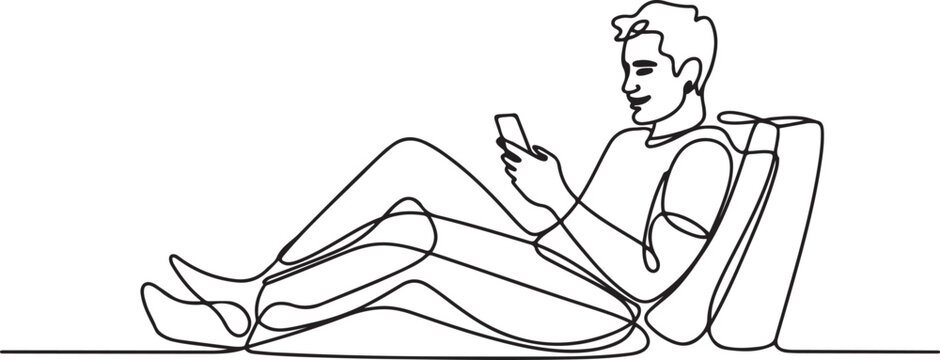 man relaxing, playing with cellphone sitting on the sofa. enjoying holidays.one line vector illustration with out Background