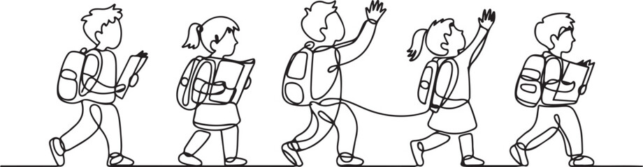 Obraz premium One continuous line drawing of Back to school design vector illustration. Students activity after holiday in design.one line vector illustration with out Background