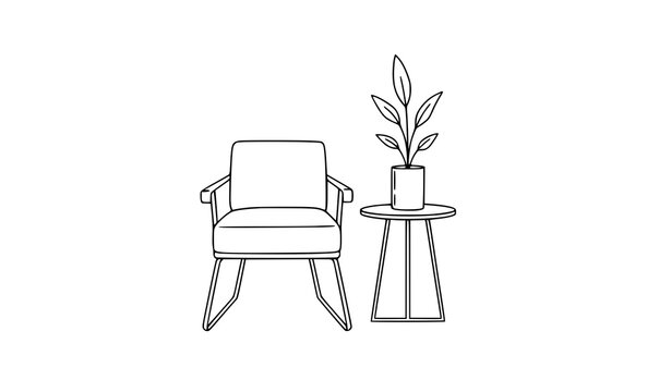 Hand Drawn Room Interior Sketch with Chair Table and Flowerpot Ink Line Art Vector