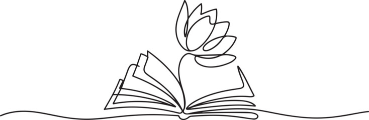Opened book and Lotus flower in one continuous line drawing.one line vector illustration with out Background © MstMoushumi