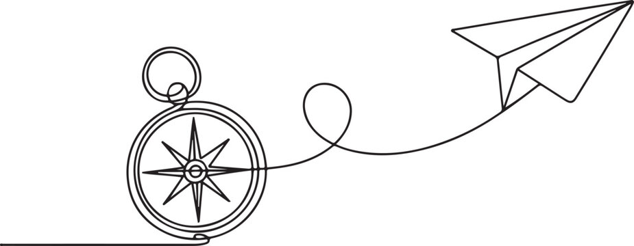 Traveller compass and paper plane in one continuous line drawing. Map guide and new adventure symbol in simple linear style.one line vector illustration with out Background
