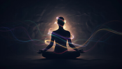 Silhouette of a person meditating with colorful energy waves emanating from their body