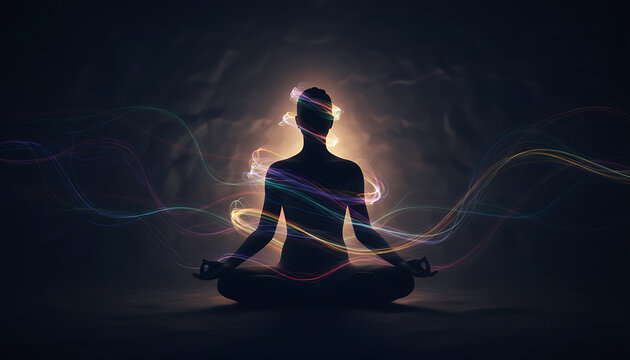 Silhouette of a person meditating with colorful energy waves emanating from their body