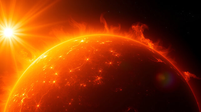 Surface of the sun with solar flares, bright star plasma heat and light, intense fiery corona