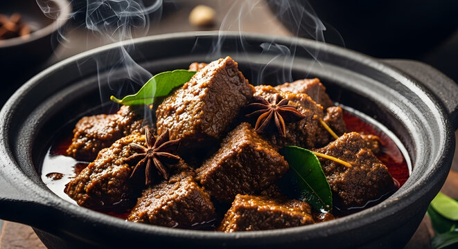 Steaming hot meat dish with spices and herbs in a black bowl on a wooden table