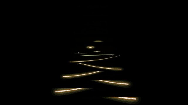 A 3d render of an abstract spiral metallic Christmas tree on a black background featuring a gold wire coil design with a silver star decoration and glowing light