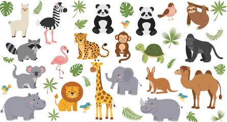 Fototapeta premium Cute Jungle Animals and Tropical Leaves Collection with Panda, Giraffe, Elephant, Camel, and Monkey Cartoon Illustration Set for Kids Nursery Design