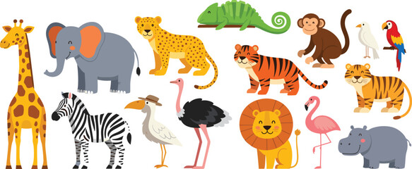 African Safari Animals Set with Giraffe, Elephant, Lion, Zebra, Tiger, and Monkey Cartoon Illustration Collection for Kids Education and Wildlife Themes © Sanjida