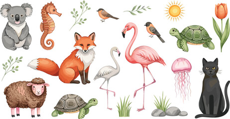 Hand Drawn Animals and Nature Elements Collection with Fox, Flamingo, Turtle, Koala, and Birds Illustration Set for Wildlife, Education, and Kids Design © Sanjida