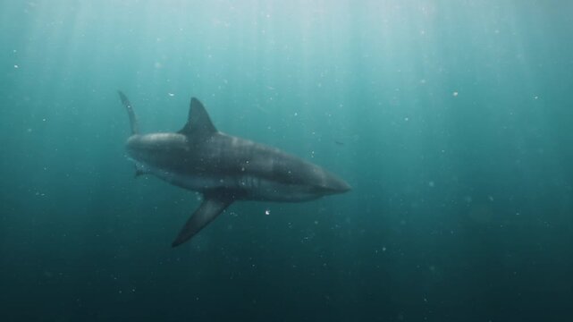 Sand tiger shark Carcharias taurus closeup full body shot, gray nurse shark, spotted ragged-tooth shark with school of horse eye jack underwater in sea. White dangerous shark. Marine nature sea animal