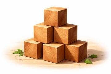 Obraz premium A clean 3D illustration of natural wooden cube blocks arranged in a simple stack. With strong depth with visible wood grain, subtle surface variation, warm brown tones, soft directional lighting
