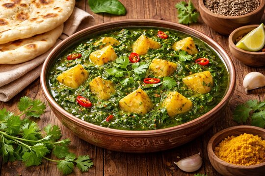 A rich 3D food illustration of aloo palak served in a bowl. With strong depth with chunky potato pieces, glossy spinach gravy, warm spice tones, fresh herb garnish, soft lighting, wooden surface