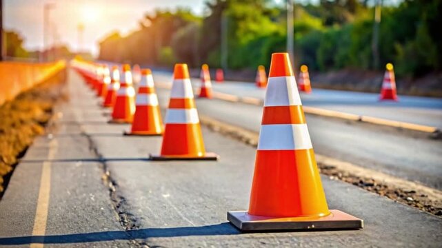 Safety cones lining a cracked asphalt road at golden hour