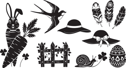 Black and white of a rabbit, bird, hats, feathers, snail, fence, and egg carrot © MdAbu