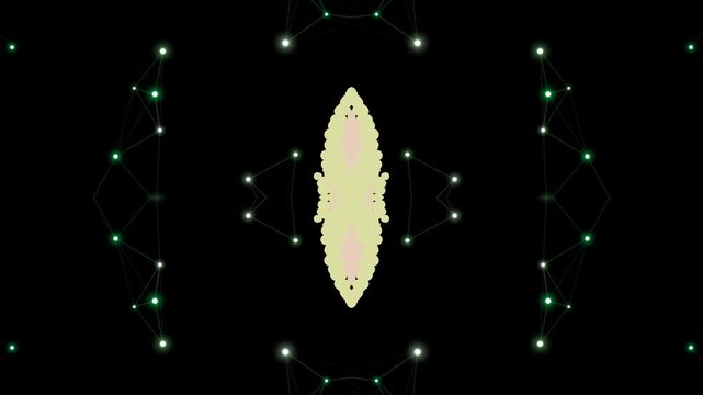 Futuristic digital entity surrounded by glowing green nodes and connections in a dark environment from a centered viewpoint.