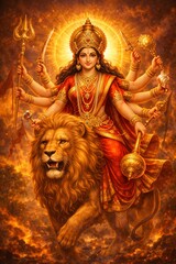 Fototapeta premium Powerful Goddess Durga riding a majestic lion, multiple arms holding divine weapons, ornate golden crown, red and gold attire, radiant aura, dramatic divine lighting, vibrant festive color palette