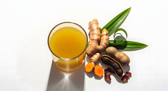 Traditional Indonesian jamu kunyit asam herbal drink with fresh turmeric, tamarind, and pandan leaves on white background with dramatic shadow.
