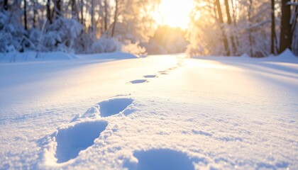 Obraz premium Footprints in the Snow - A Serene Winter Landscape with Sunlight and Shadows.