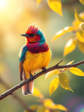 Vibrant halcyon bird perched on a sun-drenched branch, iridescent feathers glistening in warm light, with soft focus background and gentle out-of-focus leaves. Halcyon. Illustration
