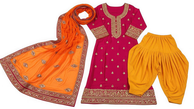 This image showcases a vibrant Indian outfit consisting of a pink salwar kameez 