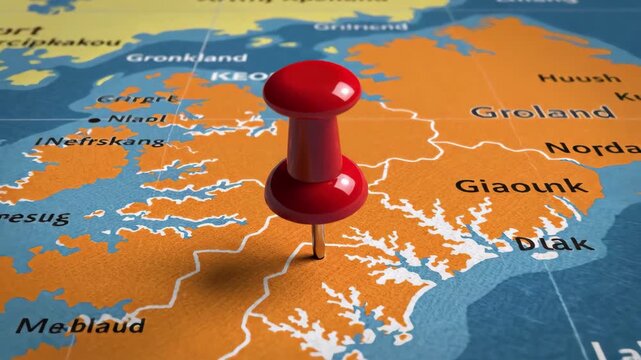 Red pushpin marking location on a fictional map of groonsland and surrounding regions
