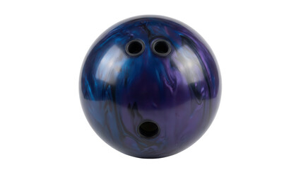 Swirled blue and purple bowling ball with three finger holes on a white background