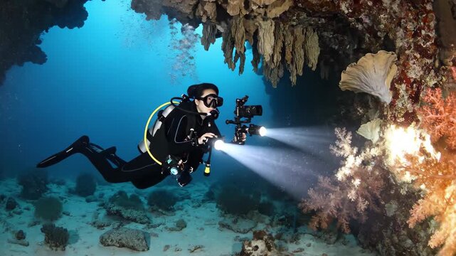 Female scuba diver photographing coral reef inside an underwater cave or overhang with bright lights