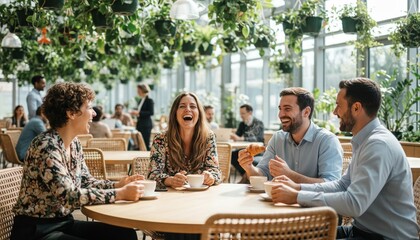 Fototapeta premium coffee shop, colleagues, meeting, laughing, office, greenhouse, networking. Group of diverse happy business professionals enjoying a coffee break in a lush biophilic cafe.