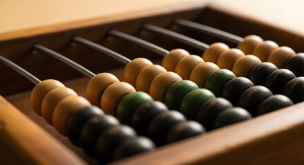 A high angle close up shot of a wooden abacus with various colored beads on metal rods