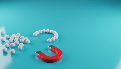Magnet, attraction, marketing, leads, strategy, business, horseshoe magnet pulling white spheres on a turquoise background representing customer acquisition and lead generation.
