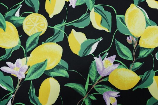 Lemons and flowers pattern elastic fabric background